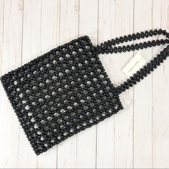 Straw Studios Beaded Open Weave Tote Bag Black - Picture 1 of 4